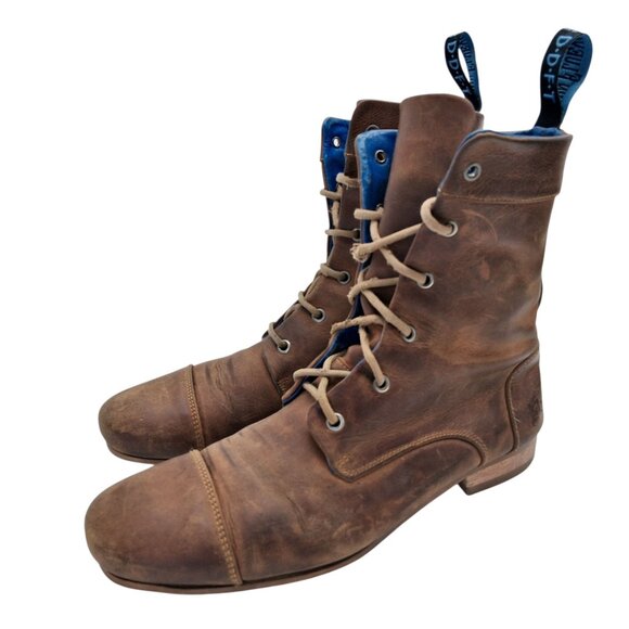 John Fluevog Boots Mens Size 10 Brown Leather Cap Toe Lace Up Blue Lining Ankle - Picture 1 of 10